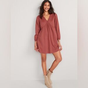 Old Navy Babydoll Dress Empire Waist Rust Brick Red Swiss Dot Pockets Medium